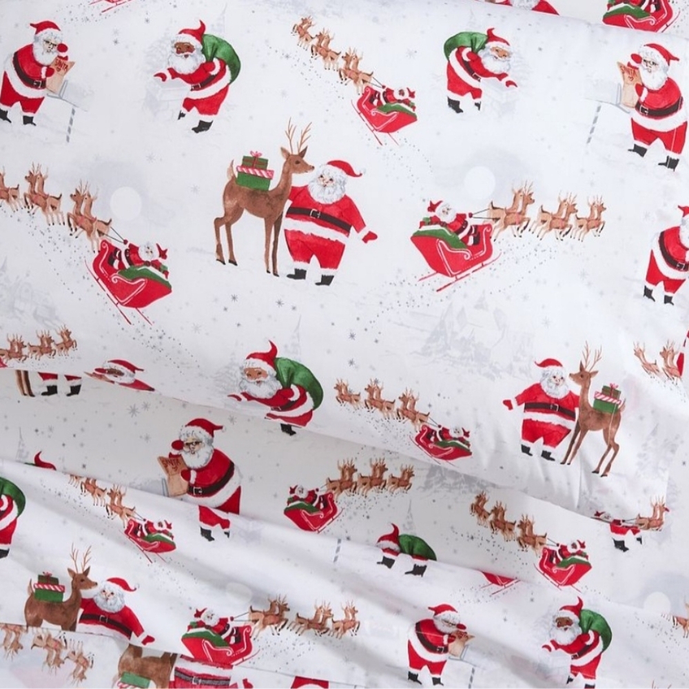 Pottery Barn Organic Cotton Kids Santa and Reindee Sheet Set - Red, White,Brown
